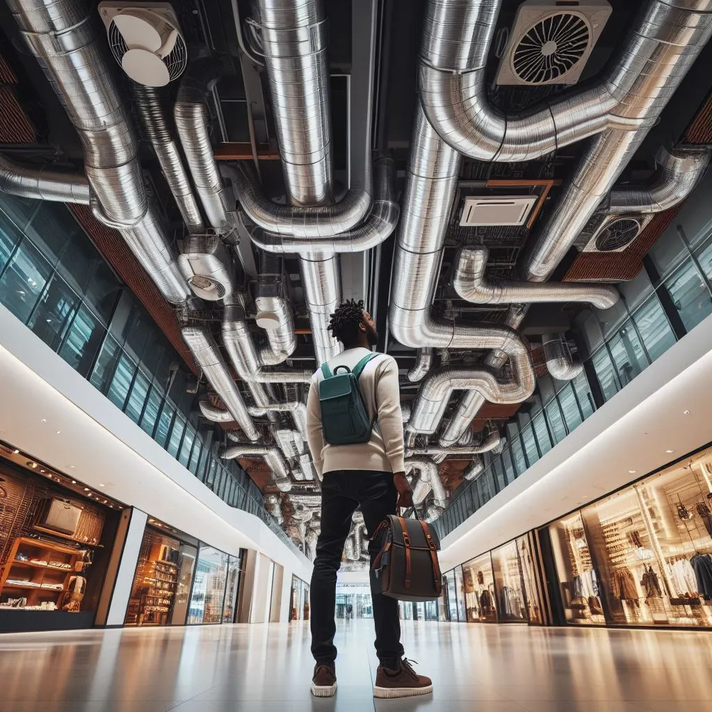 Jongeman kijkt omhoog in een winkelcentrum en ziet HVAC-systemen en buizen hangen aan het plafond