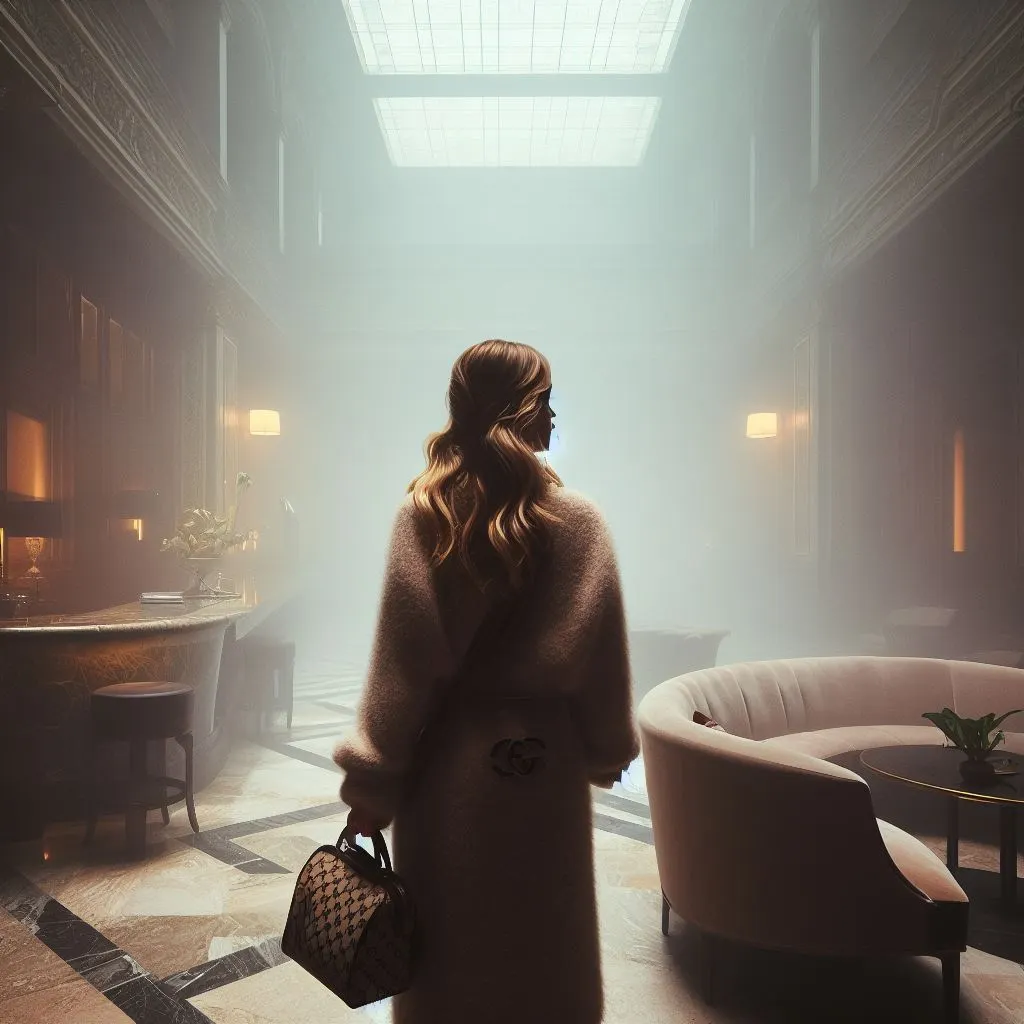 Jonge vrouw loopt door een hotellobby waar aerosolen in de lucht hangen