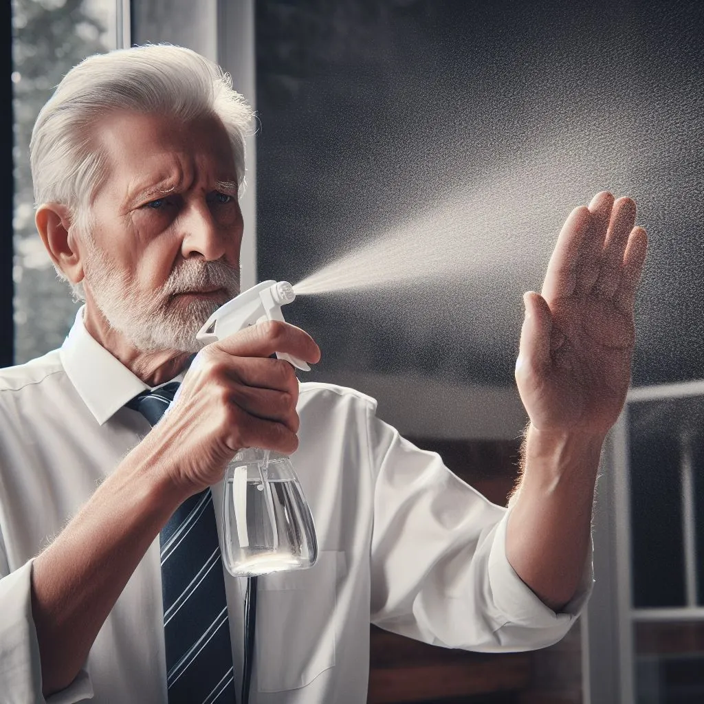 Man spuit met een plantenspuit recht voor zich uit, wat infectie via grote druppels illustreert