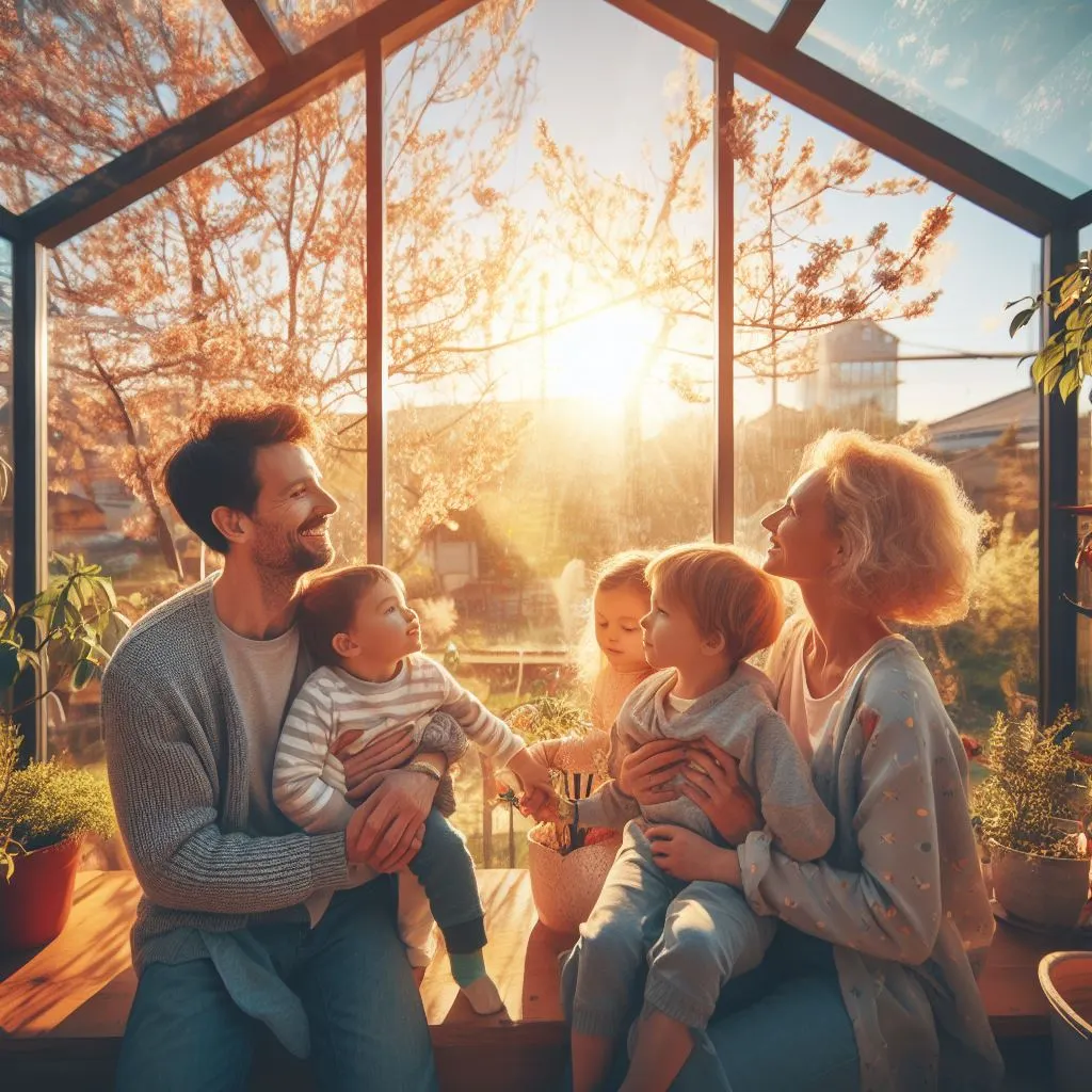 Een jonge familie zit in de lente in hun tuinhuis waar ze van de eerste warme dag van het jaar genieten