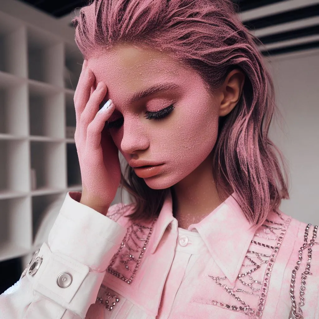 Jonge vrouw heeft roze deeltjes op haar gezicht waarmee ze haar ogen en mond infecteert